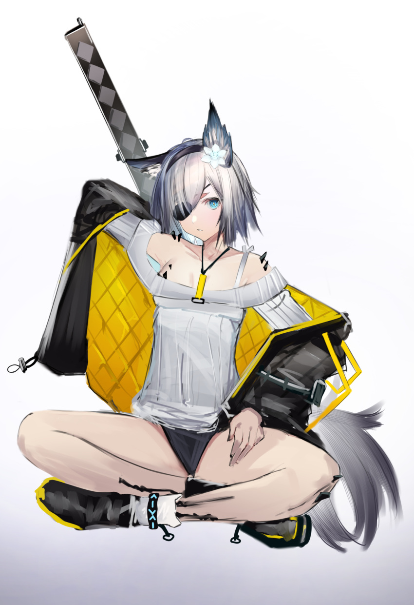 arknights bare_legs bare_shoulders black_footwear black_hairband black_jacket black_panties blue_eyes breasts commentary_request eugle_na eyepatch female gradient_background grey_background grey_hair grey_sweater hairband highres indian_style jacket long_sleeves looking_at_viewer material_growth neon_(arknights) no_pants off-shoulder_sweater off_shoulder oripathy_lesion_(arknights) panties shoes single_strap sitting small_breasts solo sweater thighs underwear white_background