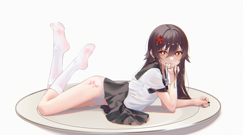 absurdres black_nails black_sailor_collar black_skirt brown_hair chun'ai_zhanshen_milili closed_mouth feet female flower-shaped_pupils full_body genshin_impact hair_between_eyes hair_ornament highres hu_tao_(genshin_impact) jewelry kneehighs legs_up long_hair looking_at_viewer lying nail_polish no_shoes on_stomach panties plate red_eyes ring sailor_collar school_uniform serafuku shirt short_sleeves simple_background skirt smile socks solo symbol-shaped_pupils the_pose underwear white_background white_panties white_shirt white_socks