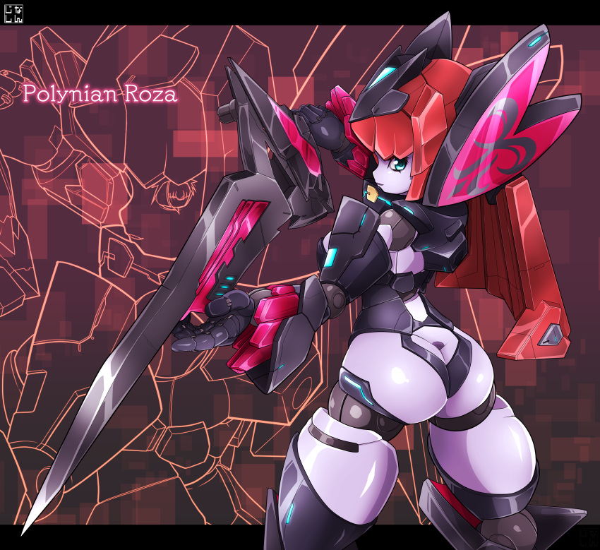 absurdres android ass breasts butt_crack doll_joints female from_behind green_eyes headgear highres holding holding_weapon joints large_breasts long_hair looking_at_viewer looking_back mecha_musume metal_skin nanzisi_69 red_hair revealing_clothes robot robot_joints robot_neoanthropinae_polynian roza_(polynian) shiny_skin solo standing sword thighs weapon