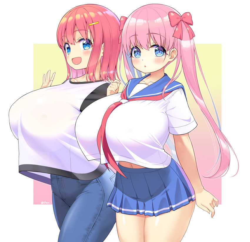 2girls blue_eyes blush breasts denim hair_ornament hairclip haramura_kaho haramura_nodoka highres huge_breasts jeans long_hair looking_at_viewer mature_female medium_hair midriff_peek miniskirt mother_and_daughter multiple_girls navel open_mouth pants pink_hair red_hair ribbon saki_(manga) school_uniform shirt_overhang shuz_(dodidu) simple_background skirt standing swimsuit twintails