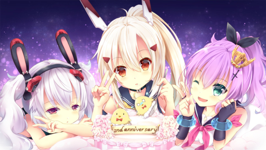 3girls ;d animal_ears ayanami_(azur_lane) ayanami_(retrofit)_(azur_lane) azur_lane bed_sheet bird birthday_cake cake chick choker commentary_request cream cream_on_face fake_animal_ears food food_on_face fork green_eyes grey_hair hair_ornament hairband hairclip headgear highres holding javelin_(azur_lane) laffey_(azur_lane) laffey_(retrofit)_(azur_lane) lying manjuu_(azur_lane) maya_(tirolpop) multiple_girls on_stomach one_eye_closed open_mouth orange_eyes parted_lips photoshop_(medium) ponytail purple_hair rabbit_ears red_eyes retrofit_(azur_lane) school_uniform serafuku smile twintails v white_hair