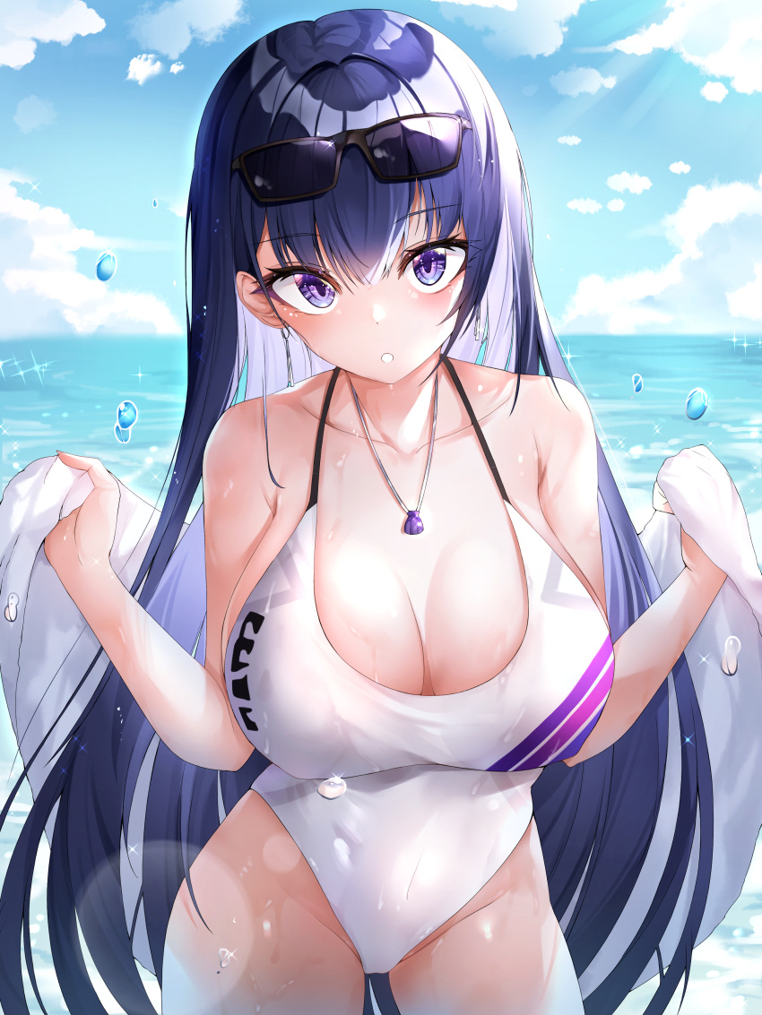 :o absurdres beach blue_sky blush breasts cleavage cloud collarbone covered_navel cowboy_shot day english_commentary eyewear_on_head female gr_greeze hair_between_eyes highres honkai_(series) honkai_impact_3rd horizon jewelry large_breasts long_hair looking_at_viewer necklace ocean one-piece_swimsuit outdoors parted_lips purple_eyes purple_hair raiden_mei sarong sky solo standing sunglasses swimsuit very_long_hair water_drop wet white_one-piece_swimsuit white_sarong