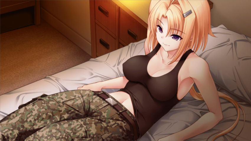 bedroom blonde_hair breasts camouflage camouflage_pants cleavage closed_mouth collarbone covered_nipples ellen_aice female game_cg hair_between_eyes hair_ornament hairclip indoors long_hair low_ponytail lying medium_breasts midriff muv-luv muv-luv_alternative muv-luv_alternative_strike_frontier muv-luv_unlimited:_the_day_after navel on_back pants pillow purple_eyes sleeveless smile solo stomach very_long_hair