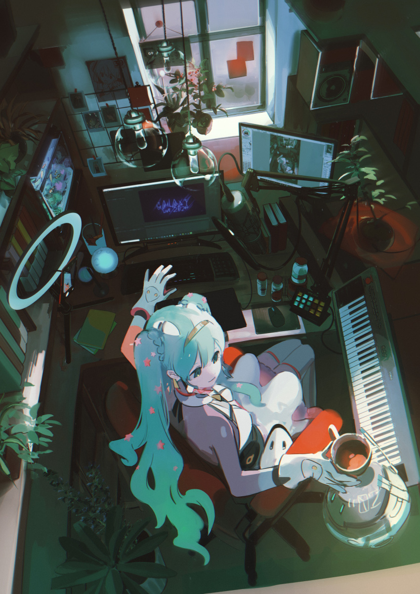 absurdres aqua_eyes aqua_hair aqua_thighhighs book bookshelf chair computer_keyboard computer_mouse cup female fish fish_tank from_above galaxy_live_(vocaloid) gloves hatsune_miku highres instrument keyboard_(instrument) kukka long_hair microphone monitor multiple_monitors office_chair photo_(object) pill_bottle plant pop_filter robot scenery sitting solo stereo sticky_note swivel_chair thighhighs twintails vocaloid white_gloves window