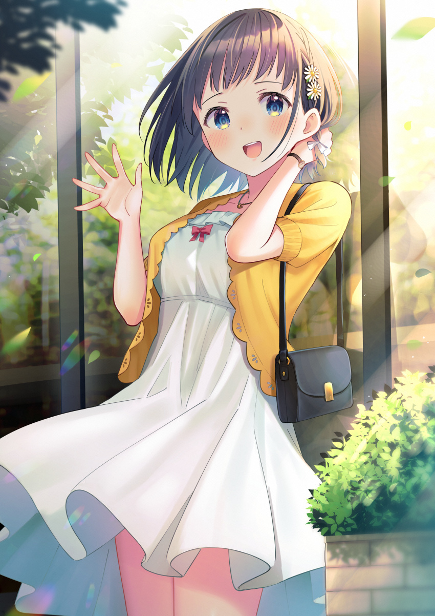 :d absurdres bag black_hair blue_eyes blush breasts commentary_request cowboy_shot day dress falling_leaves female flower hair_flower hair_ornament hands_up highres jacket kanpeki_na_sako-san_wa_mob_mitai_ni_naritai leaf looking_at_viewer open_clothes open_jacket open_mouth outdoors puffy_short_sleeves puffy_sleeves sako_machika short_sleeves shoulder_bag small_breasts smile solo teeth u_rin upper_teeth_only white_dress white_flower yellow_jacket