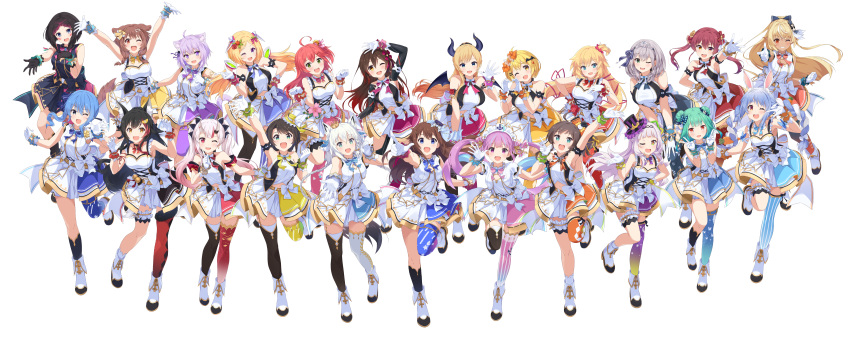 6+girls :d :o ;d absurdres ahoge akai_haato aki_rosenthal android animal_ears animal_print annotated aqua_eyes arm_warmers armband asymmetrical_hair asymmetrical_legwear azki_(hololive) bat_wings bell belt belt_buckle black_hair blonde_hair blouse blue_eyes blue_footwear blue_hair blue_skirt blue_thighhighs blush bone_hair_ornament boots bow bowtie breasts bridal_garter brown_hair buckle bustier butterfly_hair_ornament butterfly_print buttons carrot carrot_hair_ornament cat_ears cat_girl cat_tail choker collar color_coordination corset dark-skinned_female dark_skin demon_girl detached_collar dog_ears dog_girl dog_tail double_bun double_v ear_piercing earrings elf everyone fangs floating_hair flower fold-over_boots food food-themed_hair_ornament fox_ears fox_girl fox_tail gloves gradient_hair green_eyes green_hair grey_eyes grey_footwear grey_hair hair_bun hair_flower hair_ornament hair_over_shoulder hair_ribbon hairband hat headdress high_heel_boots high_heels highres hololive hololive_idol_uniform horns hoshimachi_suisei houshou_marine idol idol_clothes inugami_korone jewelry kintsuba_(shiranui_flare) lace-up_thighhighs leaning_forward legband lineup long_hair looking_at_viewer maid_headdress minato_aqua miniskirt mismatched_legwear moon moon_print multicolored_hair multiple_girls murasaki_shion nakiri_ayame narumi_nanami natsuiro_matsuri navel nekomata_okayu nonstop_story oerba_yun_fang official_alternate_costume official_art one_eye_closed oni onigiri onigiri_print ookami_mio oozora_subaru open_mouth orange_eyes piercing pleated_skirt pointing pointy_ears ponytail purple_eyes purple_hair rabbit_ears rabbit_girl red_eyes red_hair red_oni red_skirt red_thighhighs ribbon roboco-san sakura_miko shirakami_fubuki shiranui_flare shirogane_noel shirt shoes short_hair single_hair_bun single_thighhigh skirt skull_hair_ornament sleeveless smile socks star_(symbol) star_print striped_clothes striped_thighhighs tail thighhighs tiara tokino_sora top_hat traditional_youkai transparent_background twintails two-tone_hair uneven_legwear uruha_rushia usada_pekora v v-neck vertical-striped_clothes vertical-striped_thighhighs vest virtual_youtuber waistcoat white_gloves white_hair white_skirt white_socks white_thighhighs wings wolf_ears wolf_girl wrist_cuffs wristband x_hair_ornament yellow_eyes yellow_footwear yozora_mel yuzuki_choco zettai_ryouiki