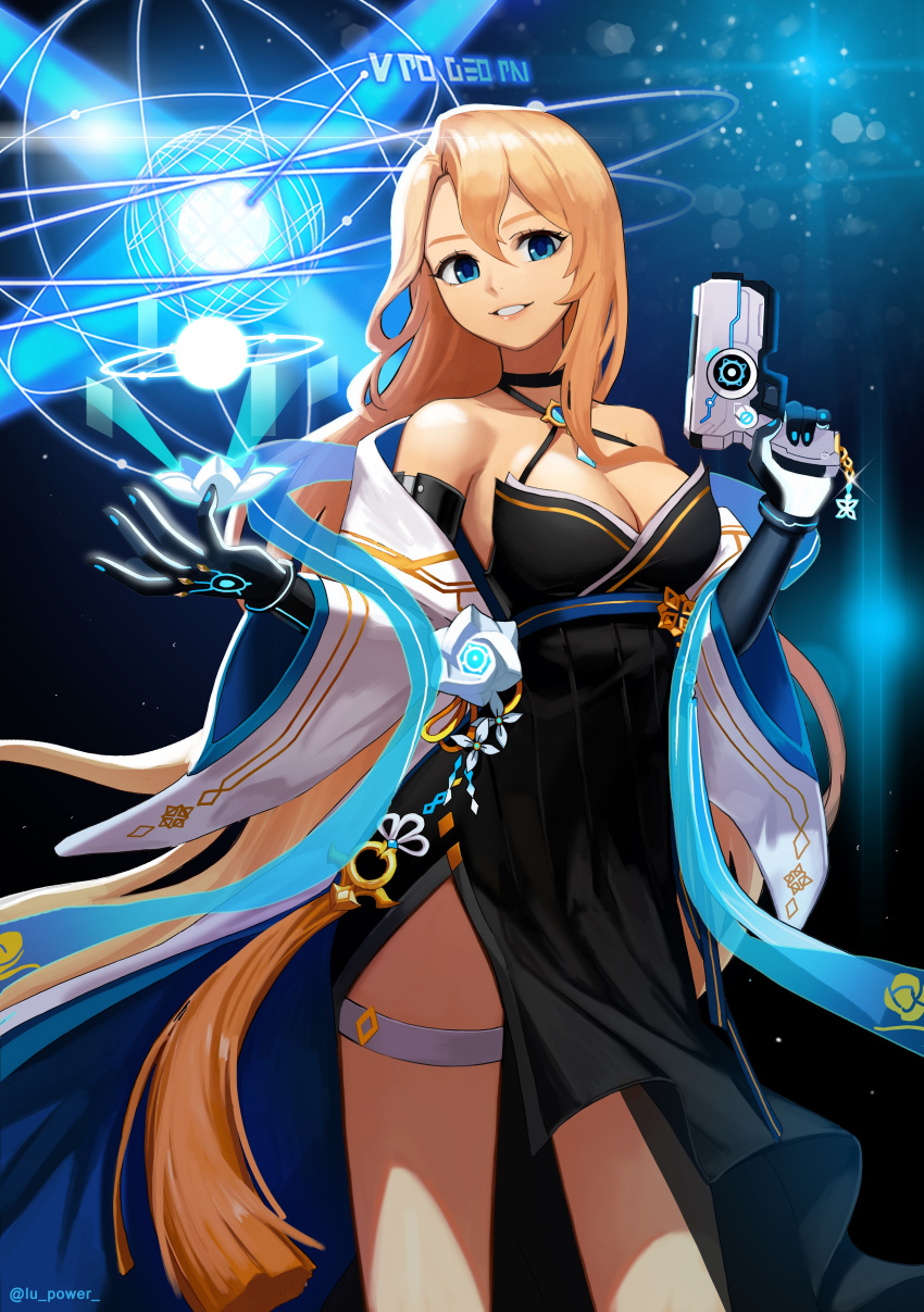 absurdres bare_shoulders black_choker black_dress black_gloves blonde_hair blue_eyes breasts choker cleavage dress elbow_gloves elsword female glint gloves grin gun hagoromo hair_between_eyes halter_dress halterneck handgun highres holding holding_gun holding_weapon long_hair medium_breasts photoshop_(medium) ppower_(lu_power) prime_operator_(elsword) rose_(elsword) shawl smile solo sparkle thigh_strap twitter_username very_long_hair weapon