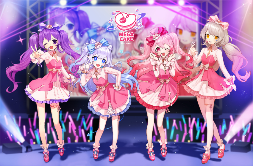 +_+ 4girls :d ;d absurdres aisha_landar audience blue_bow blue_eyes bow brown_hair collared_dress demon_girl demon_tail dress elsword eve_(elsword) facial_mark full_body glint glowstick grey_hair hairbow hand_on_own_hip hand_up hands_up heart highres idol jewelry laby_(elsword) light_particles long_hair looking_at_viewer luciela_r._sourcream mega_cake microphone multiple_girls oerba_yun_fang one_eye_closed open_mouth orange_eyes outstretched_arm photoshop_(medium) pink_bow pink_eyes pink_footwear pink_hair pointy_ears ppower_(lu_power) purple_bow purple_eyes purple_hair ring shadow sharp_teeth shoes smile socks sparkle stage standing star_(symbol) tail teeth thigh_strap twintails two_side_up v very_long_hair white_hair white_legwear