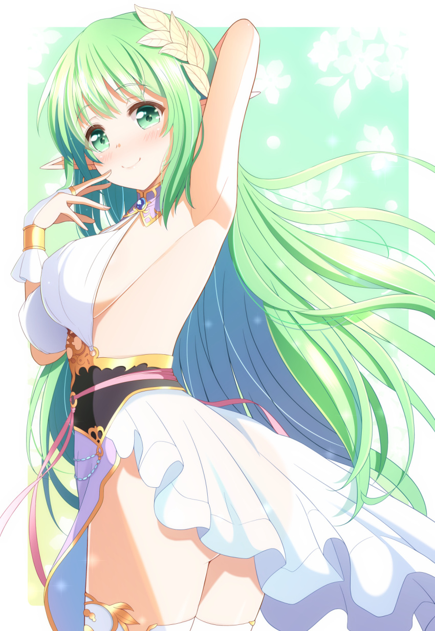 anastigal_elmar_engel_berglund arm_behind_head arm_up armpits ass breasts bridal_gauntlets bunny1219 dress elf female from_side green_eyes green_hair hand_to_own_mouth highres iris_mysteria! long_hair looking_at_viewer pointy_ears sideboob sleeveless sleeveless_dress smile solo thighhighs thighs very_long_hair white_dress white_thighhighs