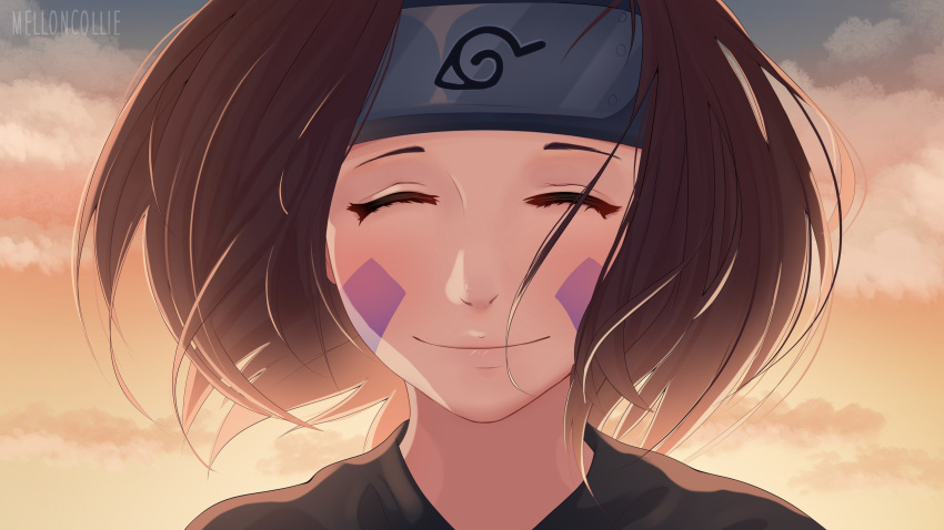 artist_name brown_hair closed_eyes cloud facing_viewer female forehead_protector highres melloncollie-chan naruto naruto_(series) naruto_shippuuden nohara_rin outdoors portrait short_hair sky smile solo twilight