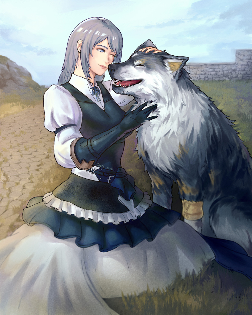 blue_vest dress fangs female final_fantasy final_fantasy_xvi gloves grass grey_hair grey_wolf highres jill_warrick leather_vest neck_ribbon one_eye_closed open_mouth petting ribbon single_glove sitting smile torgal_(ff16) vest wolf yolie