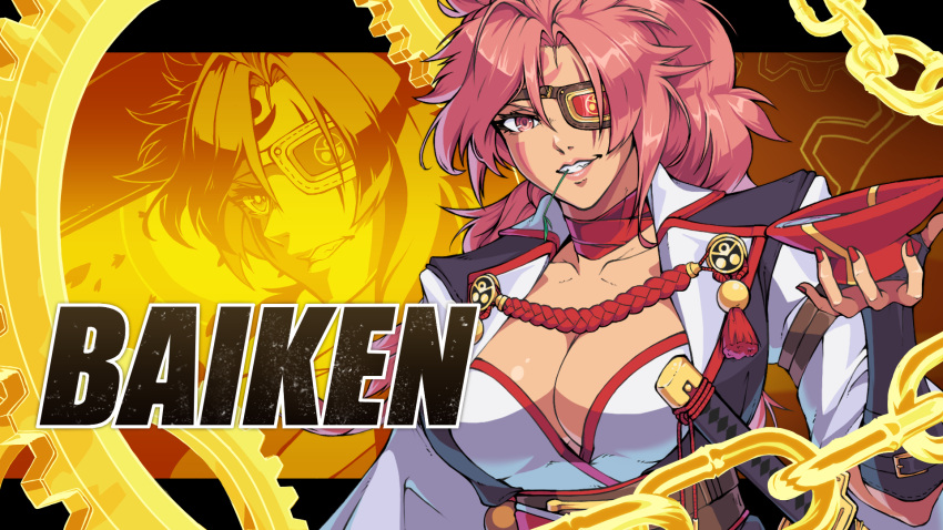 alternate_costume arm_guards bad_id bad_pixiv_id baiken breasts buskhusker chains character_name commentary english_commentary eyepatch facial_mark fake_screenshot female guilty_gear guilty_gear_strive highres holding japanese_clothes katana kimono large_breasts long_hair long_sleeves looking_at_viewer mouth_hold nail_polish pink_eyes pink_hair red_nails stalk_in_mouth sword upper_body weapon