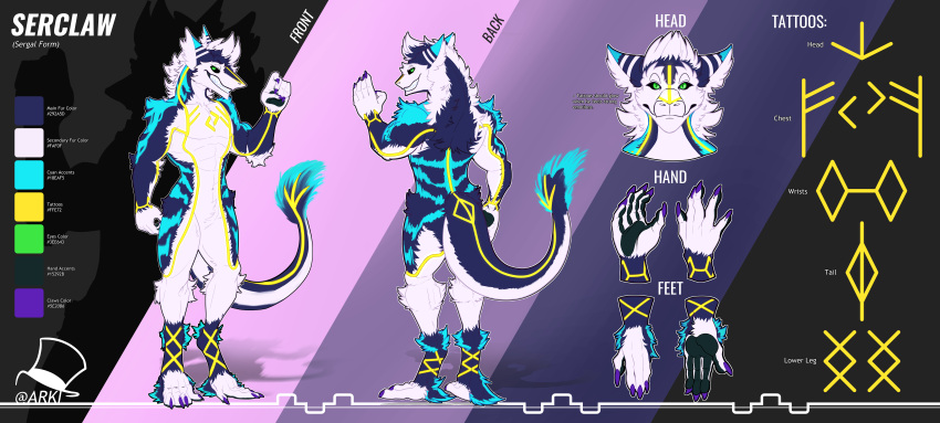 absurd_res anthro arkentian_idiot english_text feet full-length_portrait fur hi_res male model_sheet portrait sergal solo tail tattoo text white_body white_fur