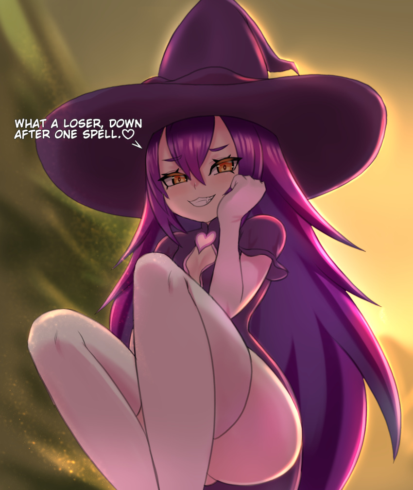 aged_down alternate_breast_size ass cleavage_cutout clothing_cutout commentary dark_mage_(monster_girl_encyclopedia) elbow_gloves english_text female flat_chest gloves grin hair_between_eyes hat heart highres light_blush long_hair looking_down monster_girl_encyclopedia nav_(itsnav) purple_hair smile smug solo thighhighs very_long_hair white_gloves white_thighhighs witch_hat yellow_eyes