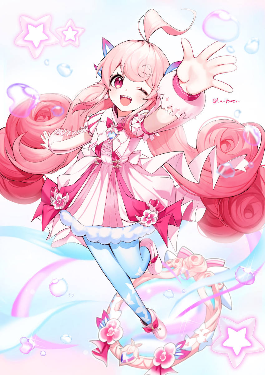 ;d absurdres ahoge blue_pantyhose bubble cloud_hair dress elsword female highres laby_(elsword) leg_up long_hair low_twintails mirror one_eye_closed open_mouth outstretched_arm pantyhose photoshop_(medium) pink_dress pink_eyes pink_footwear pink_hair ppower_(lu_power) radiant_soul_(elsword) sharp_teeth smile solo sparkle star_(symbol) teeth twintails twitter_username very_long_hair