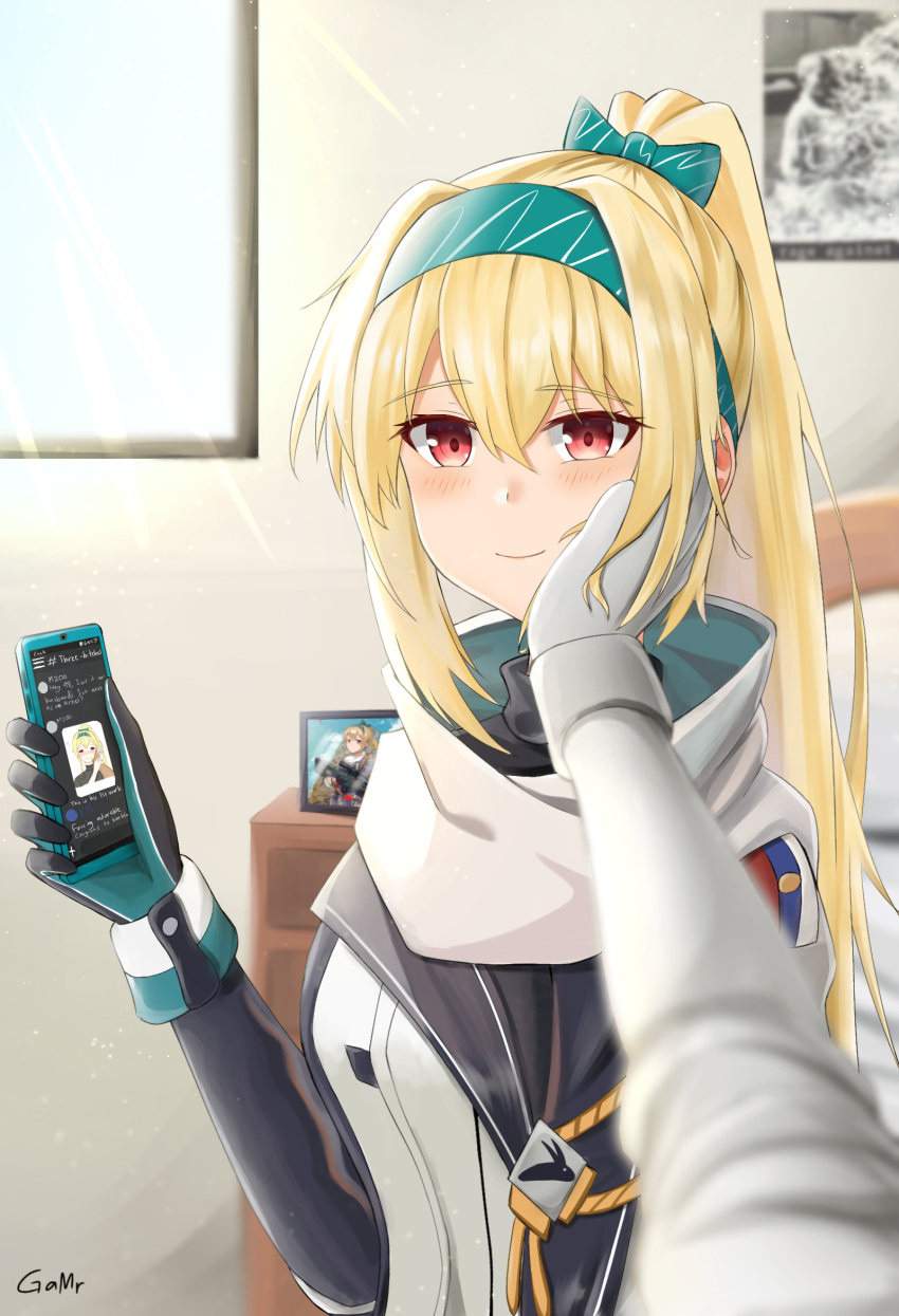 black_bodysuit blonde_hair blush bodysuit bow female gamryous girls'_frontline gloves green_hairband hairband hairbow hand_on_another's_face highres holding holding_phone jacket long_hair looking_at_viewer multicolored_clothes multicolored_gloves phone ponytail red_eyes russian_flag scarf smile sv-98_(girls'_frontline) sv-98_(mod3)_(girls'_frontline) turtleneck upper_body white_jacket white_scarf