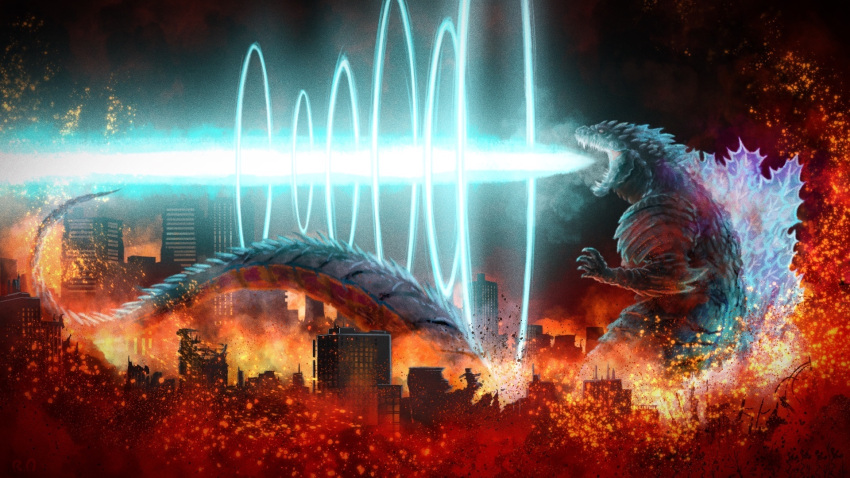 breath_weapon breathing_fire building burning burning_building fangs fire firing giant godzilla godzilla_(series) godzilla_singular_point godzilla_ultima highres kaijuu lizard mouth_beam no_humans ryosiro scales tail