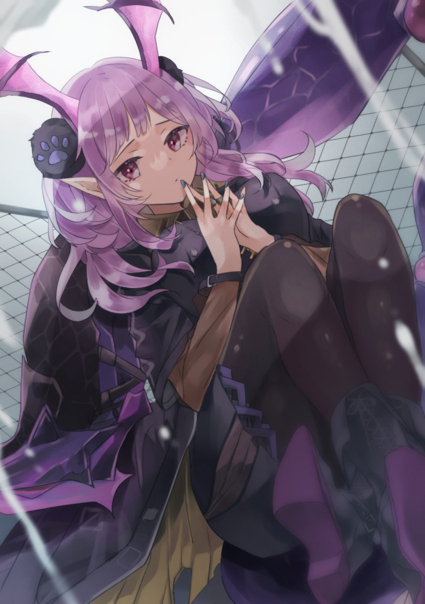 arknights black_dress black_footwear black_pantyhose blue_nails blunt_bangs boots breasts chain-link_fence commentary_request dress female fence fingers_together hair_ornament head_wings highres jewelry long_hair long_sleeves looking_at_viewer manticore_(arknights) manticore_(invisible_dirge)_(arknights) medium_breasts nail_polish necklace official_alternate_costume pantyhose pointy_ears purple_eyes purple_hair saiko_(saisaka) scorpion_tail shoe_soles short_dress sitting solo tail twintails wings