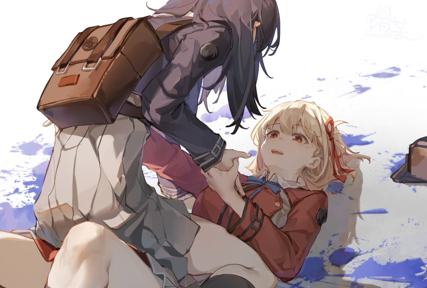 2girls arm_support backpack backpack_removed bag black_hair black_socks blonde_hair grey_skirt hair_ribbon highres holding_hands inoue_takina jacket kneehighs long_hair lycoris_recoil lying moyu_marginal multicolored_hair multiple_girls nishikigi_chisato on_back pleated_skirt red_eyes red_jacket red_ribbon ribbon short_hair shoulder_patches skirt socks straddling teeth upper_teeth