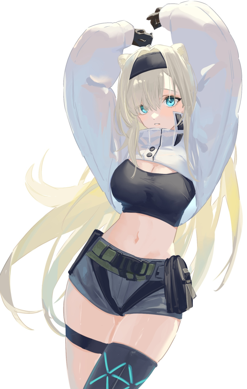 animal_ears arknights arms_up aurora_(arknights) aurora_(elite_ii)_(arknights) bear_ears belt belt_pouch black_gloves black_hairband blonde_hair blue_eyes blush breasts cleavage cowboy_shot crop_top female gloves grey_shorts hair_over_one_eye hairband highres infection_monitor_(arknights) long_hair long_sleeves medium_breasts midriff nakatsuka123 navel parted_lips pouch short_shorts shorts shrug_(clothing) simple_background solo stomach thigh_strap very_long_hair white_background