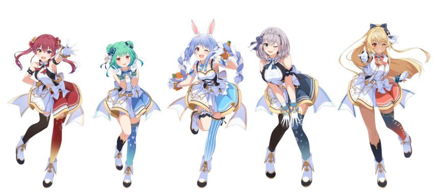 animal_ear_fluff animal_ears animal_print armband armpits black_legwear blonde_hair blue_bow blue_hair blue_legwear blue_skirt blush bow breasts bunny_ears butterfly_hair_ornament butterfly_print carrot dark_skin double_bun double_v dress frills full_body gloves gradient gradient_legwear green_hair green_skirt grin hair_ornament hairbow hands_on_thighs heterochromia hololive houshou_marine idol_clothes index_finger_raised large_breasts leaning_forward light_blue_skirt looking_at_viewer narumi_nanami navel official_art one_eye_closed open_mouth orange_skirt pointing pointing_at_self red_bow red_eyes red_legwear red_skirt shiranui_flare shirogane_noel silver_hair simple_background single_thighhigh skirt sleeveless smile standing standing_on_one_leg striped striped_legwear thighhighs tiara two_side_up uruha_rushia usada_pekora v vertical-striped_legwear vertical_stripes virtual_youtuber white_background white_bow white_dress white_footwear white_gloves white_hair wrist_cuffs yellow_eyes zettai_ryouiki