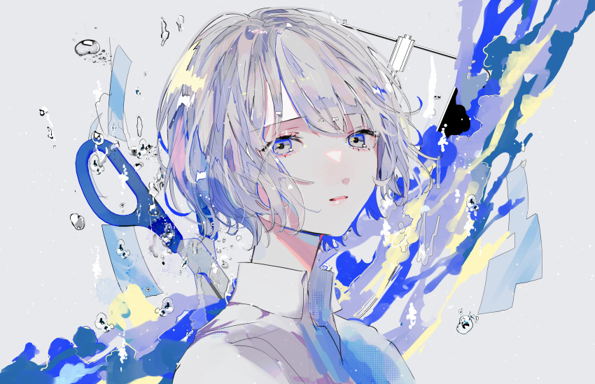 absurdres bad_id bad_pixiv_id blue_eyes collared_shirt female grey_background grey_hair hagimorijia hair_between_eyes highres looking_at_viewer original parted_lips scissors shirt short_hair solo splashing water water_drop white_hair white_shirt