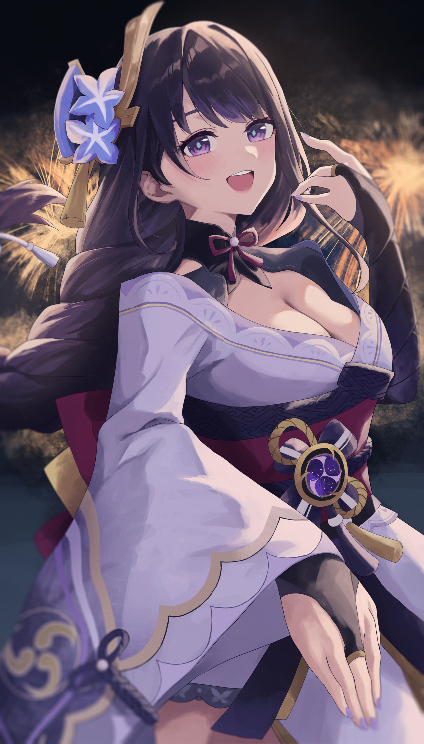 absurdres aerial_fireworks black_hair blue_flower blue_pupils blurry_edges blush braid breasts bridal_gauntlets cleavage cowboy_shot female firework_background fireworks flower foreshortening genshin_impact hair_flower hair_ornament hal_aluha hand_up highres japanese_clothes kimono long_hair low-braided_long_hair low-tied_long_hair medium_breasts mitsudomoe_(shape) mole mole_under_eye neck_ribbon obi obiage obijime open_mouth parted_bangs purple_eyes purple_kimono purple_nails raiden_shogun red_ribbon ribbon sash shrug_(clothing) sidelocks solo teeth tomoe_(symbol) upper_teeth_only