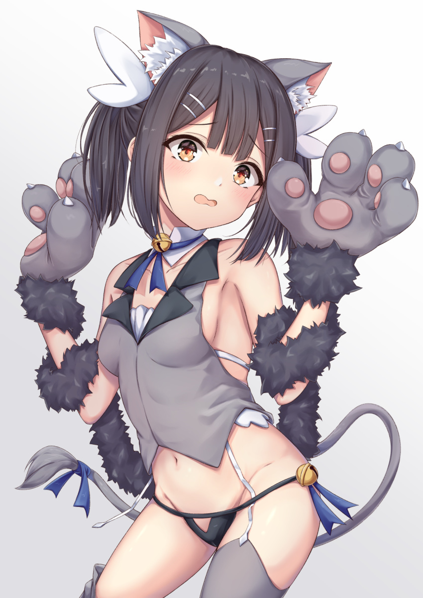 animal_ear_fluff animal_ears arata_(xin) bare_shoulders bell black_hair black_panties blush breasts cat_ears cat_tail commentary fate/kaleid_liner_prisma_illya fate_(series) female fur_trim grey_shirt grey_thighhighs hair_between_eyes hair_ornament hairclip highres long_hair md5_mismatch medium_breasts medium_hair miyu_edelfelt miyu_edelfelt_(beast_style) navel open_mouth panties ribbon shirt sideboob simple_background solo tail tail_ornament tail_ribbon thighhighs underwear white_background