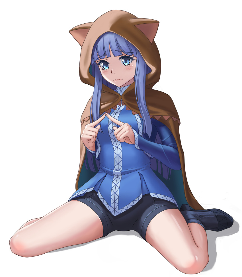 absurdres animal_ears animal_hood black_footwear black_shorts blue_eyes blue_hair blue_shirt blush brown_cape cape closed_mouth fake_animal_ears female full_body highres hood hooded_cape index_fingers_together isekai_ojisan kyouji44288608 long_hair looking_at_viewer mabel_raybert shiny_skin shirt shoes short_shorts shorts simple_background sitting solo spread_legs thighs wariza wavy_mouth white_background