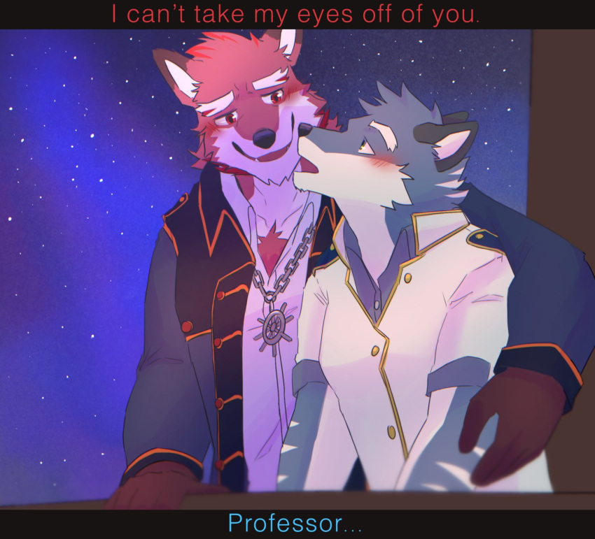 anthro argo_northrop blue_body blush canid canine chest_tuft clothed clothing diederich_olsen duo fox fully_clothed hi_res kemmuono knights_college male male/male mammal romantic sky star starry_sky student teacher teacher_and_student text tuft