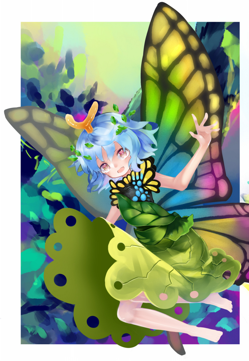 antennae aqua_hair barefoot blush border brown_eyes butterfly_wings dress eternity_larva fairy female full_body green_dress hair_between_eyes highres insect_wings leaf leaf_on_head multicolored_clothes multicolored_dress open_mouth short_hair short_sleeves smile solo touhou white_border wings zhu_xiang