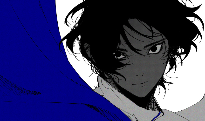 1boy arjuna_(fate) bishounen black_eyes black_hair blue_cape cape closed_mouth collar dark-skinned_male dark_skin fate/grand_order fate_(series) fuka_(hk_nemo) hair_between_eyes highres long_hair looking_at_viewer male_focus solo