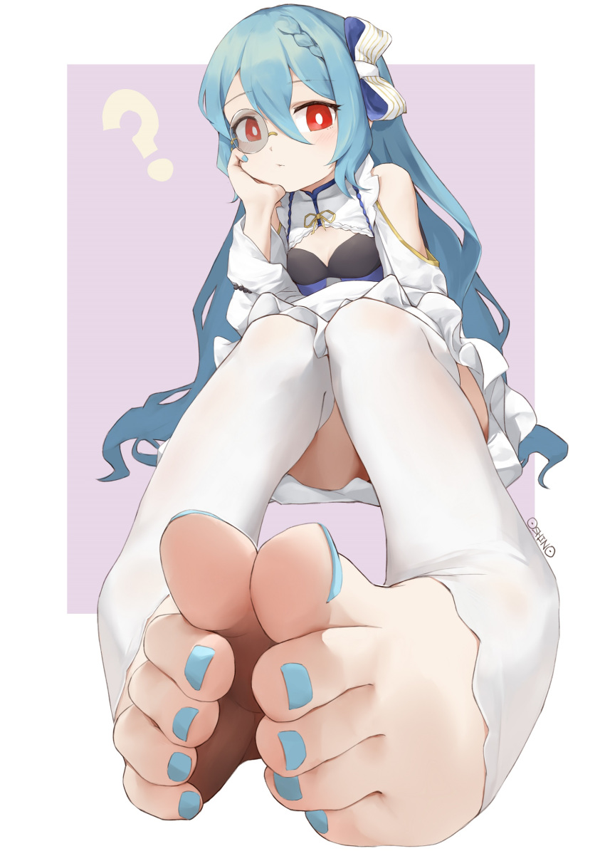 ? absurdres bare_shoulders blue_hair blue_nails braid bright_pupils cleavage_cutout closed_mouth clothing_cutout dress feet female foot_focus foreshortening hair_between_eyes hand_on_own_cheek hand_on_own_face highres long_hair long_sleeves looking_at_viewer monocle nail_polish original oshin0_(zheng) purple_background qiya_(kia_098) red_eyes sitting solo thighhighs toeless_legwear toenail_polish toenails toes two-tone_background white_background white_pupils white_thighhighs