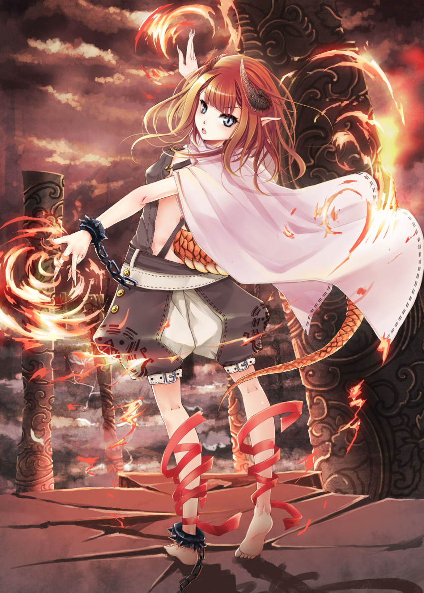 barefoot chains cuffs dragon_girl dragon_horns dragon_tail female fingernails grey_eyes highres horns kaku-san-sei_million_arthur looking_at_viewer million_arthur_(series) official_art photoshop_(medium) pointy_ears red_hair shackles sharp_fingernails short_hair shorts slit_pupils solo tail wait