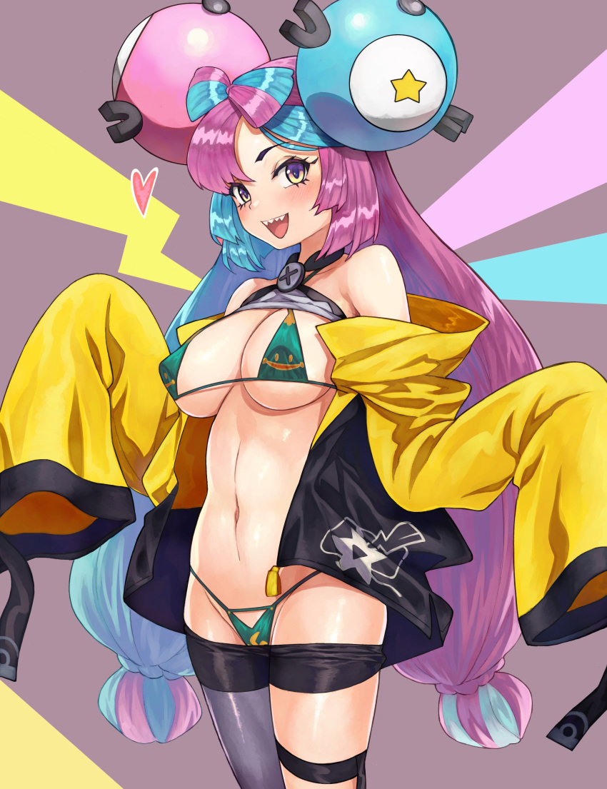 :d absurdres alternate_breast_size aqua_hair bellibolt bikini black_shorts breasts caee_penguin character_hair_ornament character_print clothes_pull commentary_request eyelashes female green_bikini grey_pantyhose hair_ornament heart highres iono_(pokemon) jacket long_hair multicolored_hair navel off_shoulder open_mouth pantyhose pokemon pokemon_sv purple_eyes purple_hair sharp_teeth shorts shorts_pull single_leg_pantyhose sleeves_past_fingers sleeves_past_wrists smile solo star_(symbol) star_print swimsuit teeth thigh_strap tongue twintails two-tone_hair upper_teeth_only yellow_jacket