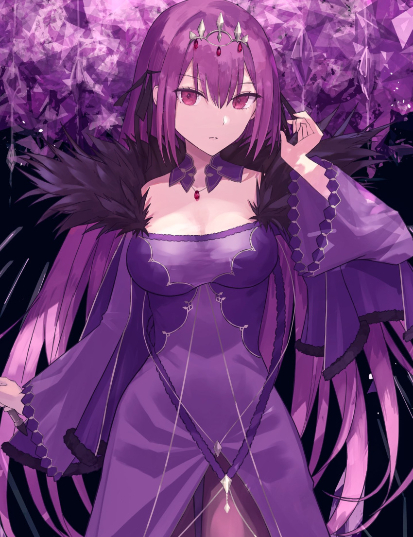 arm_up black_background black_ribbon breasts cleavage dress fate/grand_order fate_(series) feather_trim female fur-trimmed_dress fur_trim gem hair_between_eyes headpiece highres holding holding_wand looking_at_viewer medium_breasts pantyhose purple_dress purple_gemstone purple_hair red_eyes ribbon scathach_(fate) scathach_skadi_(fate) solo thkani tiara wand wide_sleeves