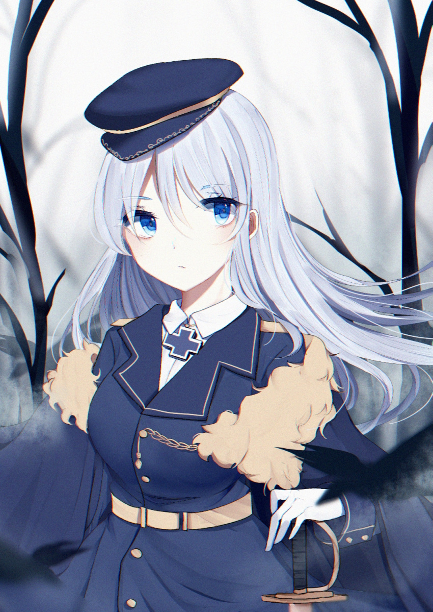 3874384829 belt blue_eyes blue_hat blue_jacket breasts character_request check_character closed_mouth cross cross_necklace female gloves hair_between_eyes hat highres holding holding_sword holding_weapon jacket jewelry long_hair looking_at_viewer military military_hat military_uniform necklace shirt solo sword ulrich_von_hutten_(warship_girls_r) uniform warship_girls_r weapon white_gloves white_hair white_shirt