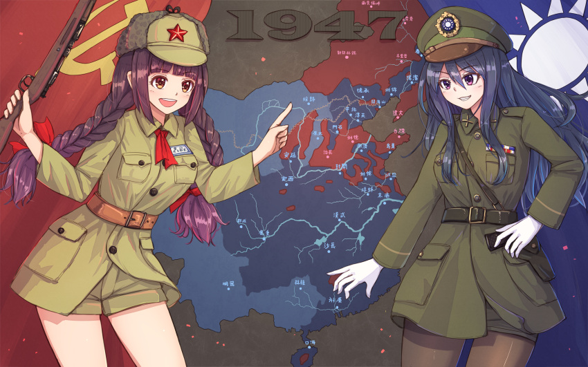 2girls :d black_hair bolt_action braid brown_eyes brown_hair brown_legwear china chinese_army chinese_civil_war commentary flag green_headwear green_jacket green_shorts gun hair_between_eyes handgun hat highres historical_event holding holding_gun holding_weapon holstered jacket kuomintang long_hair long_sleeves looking_at_another map military military_hat military_jacket military_uniform multiple_girls open_mouth original people's_republic_of_china_flag purple_eyes republic_of_china_flag rifle shorts smile suikakitsu_shiro symbol-shaped_pupils thighhighs twin_braids uniform weapon