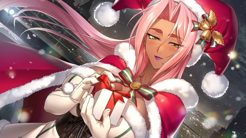 action_taimanin arms_under_breasts blush box breasts cape city_lights cityscape cleavage corset dark_skin dress female fur_trim game_cg gift gift_box hair_intakes hat highres ingrid_(taimanin_murasaki) large_breasts long_hair looking_at_viewer mole mole_under_mouth non-web_source pink_hair purple_lips red_cape santa_hat smile snowing solo taimanin_(series) thick_eyebrows white_dress yellow_eyes