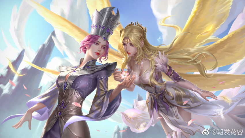 2girls angel_wings bibi_dong_(douluo_dalu) breasts chinese_commentary closed_mouth cloud cowboy_shot day douluo_dalu dress empress flower flying hair_ornament hand_up highres holding holding_flower long_hair medium_breasts mother_and_daughter multiple_girls outdoors pink_hair purple_dress purple_eyes purple_hair qian_renxue_(douluo_dalu) red_lips short_hair sky standing weibo_logo weibo_watermark wings yellow_wings zhang_juejue