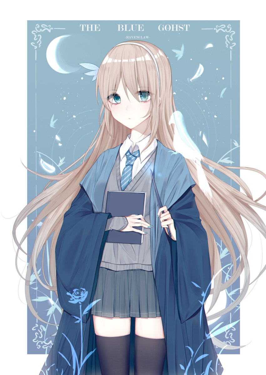 3874384829 aqua_eyes black_thighhighs blonde_hair blue_cloak book cloak closed_mouth english_text female grey_skirt grey_vest hair_between_eyes hair_ribbon hairband highres holding holding_book hugging_book hugging_object lexington_(cv-16)_(warship_girls_r) long_hair looking_at_viewer nail_polish necktie ribbon shirt skirt solo thighhighs vest warship_girls_r white_shirt