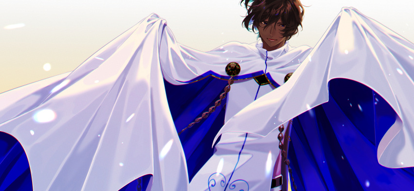 1boy arjuna_(fate) bishounen black_hair blue_eyes cape dark-skinned_male dark_skin fate/grand_order fate_(series) fuka_(hk_nemo) hair_between_eyes highres long_sleeves looking_at_viewer male_focus open_mouth smile solo white_cape