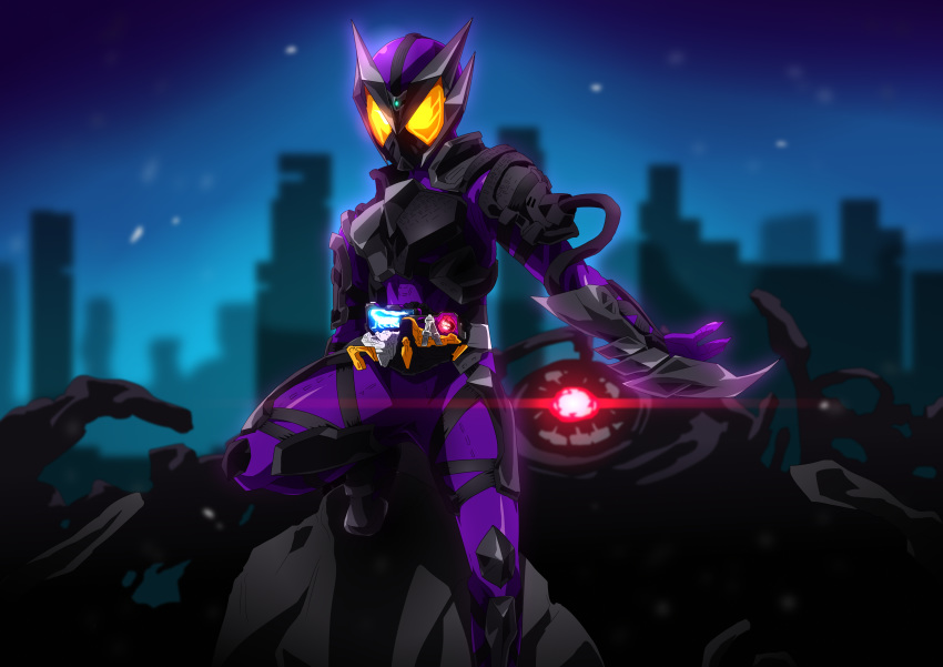 1boy absurdres antennae arm_blade armor armored_boots belt bodysuit boots breastplate commentary_request compound_eyes forceriser gauntlets gloves glowing glowing_eyes helmet highres horns kamen_rider kamen_rider_01_(series) kamen_rider_horobi male_focus mask night night_sky otokamu purple_bodysuit rider_belt shoulder_armor sky weapon