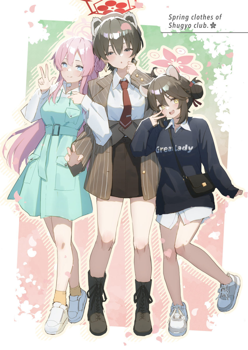 3girls absurdres animal_ears aqua_dress arm_hug bag blue_archive blush boots breasts brown_hair casual cherry_blossoms diagonal_stripes dress extra_ears falling_petals full_body green_background hair_bun halo highres hoyhoy_colo jacket kaede_(blue_archive) knee_boots looking_at_viewer medium_breasts mimori_(blue_archive) multicolored_background multiple_girls oversized_clothes oversized_shirt petals pink_background pink_hair raccoon_ears red_halo shirt shoes shoulder_bag silhouette single_side_bun sneakers striped_clothes striped_jacket tsubaki_(blue_archive) v w white_background