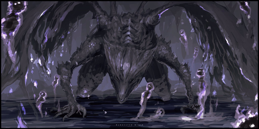 all_fours artist_name cave character_name claws dark_souls_(series) dark_souls_iii darkeater_midir dragon energy facing_viewer full_body highres ibuo_(ibukht1015) leaning_forward magic multiple_wings no_humans scales solo spine spirit stalactite teeth water western_dragon wings