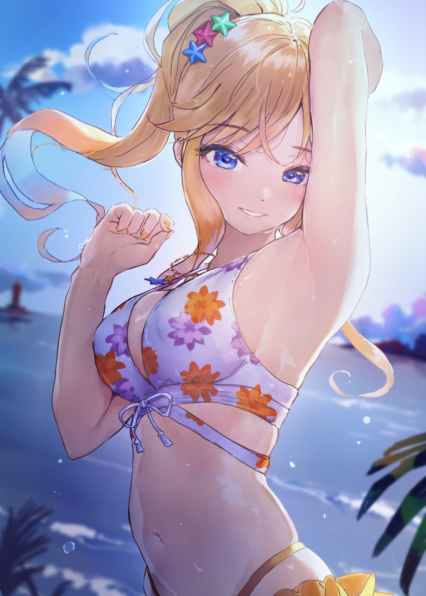 arm_up armpits bare_shoulders beach bikini blonde_hair blue_eyes blush breasts cleavage collarbone commentary female floral_print hand_up highres idolmaster idolmaster_cinderella_girls large_breasts long_hair looking_at_viewer navel ohtsuki_yui outdoors smile solo stomach swimsuit takeashiro upper_body wavy_hair wet white_bikini