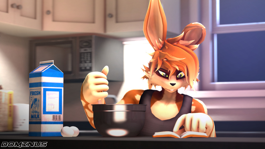 16:9 3d_(artwork) anthro appliance baking black_clothing black_nose black_topwear book bowl brown_body brown_fur brown_hair buckteeth cheek_tuft clothing container digital_media_(artwork) domibun egg facial_tuft female freckles fur hair hi_res holly_zanzibar inside kitchen kitchen_appliance kitchen_utensils lagomorph leporid mammal microwave_oven milk rabbit solo source_filmmaker_(artwork) teeth tools topwear tuft warfare_holly warfare_machine whisk widescreen window yellow_eyes