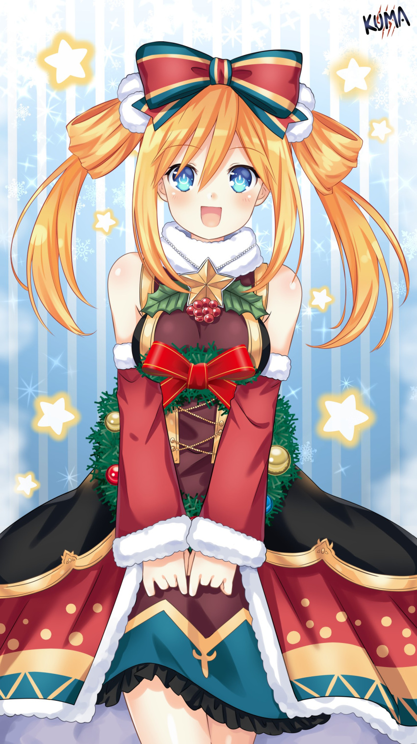 :d absurdres bare_shoulders blue_eyes blush bow breasts christmas christmas_wreath corset detached_sleeves dress female frilled_dress frills fur-trimmed_dress fur-trimmed_sleeves fur_trim hair_between_eyes hair_rings hairbow happy highres layered_dress lewdkuma long_hair medium_breasts mega_miracle_force merry_christmas neptune_(series) official_alternate_costume orange_hair orange_heart_(neptunia) own_hands_together pom_pom_(clothes) power_symbol power_symbol-shaped_pupils shin_jigen_game_neptune_vii smile solo starry_background symbol-shaped_pupils twintails wreath