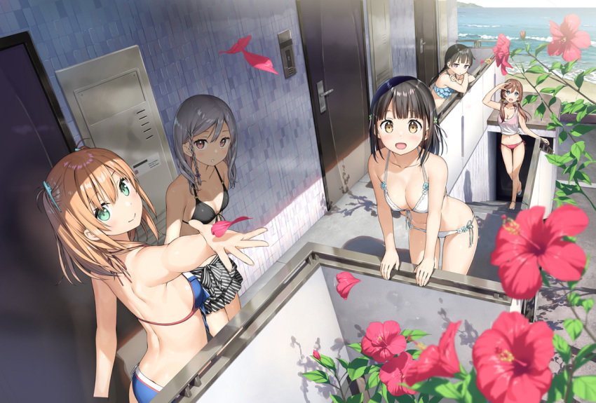 5girls :d against_railing amatsuki_mashiro aoshima_moka aqua_eyes beach bikini bikini_skirt black_hair blue_bikini blurry blurry_background blush braid breasts brown_eyes cleavage depth_of_field flower front-tie_bikini_top front-tie_top grey_hair halterneck hanasaka_yui horizon kantoku large_breasts leaning_forward light_brown_hair looking_at_viewer low_twintails medium_breasts momohara_natsuki multiple_girls nanahashi_minori official_art one_room open_mouth outdoors outstretched_hand petals photoshop_(medium) pink_eyes railing short_hair side-tie_bikini_bottom side_braid small_breasts smile string_bikini swimsuit twintails white_bikini