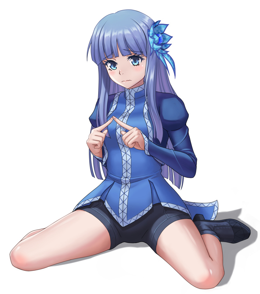 absurdres black_footwear black_shorts blue_eyes blue_flower blue_hair blue_shirt blush closed_mouth female flower full_body hair_flower hair_ornament highres index_fingers_together isekai_ojisan kyouji44288608 long_hair looking_at_viewer mabel_raybert shiny_skin shirt shoes short_shorts shorts simple_background sitting solo spread_legs thighs wariza wavy_mouth white_background